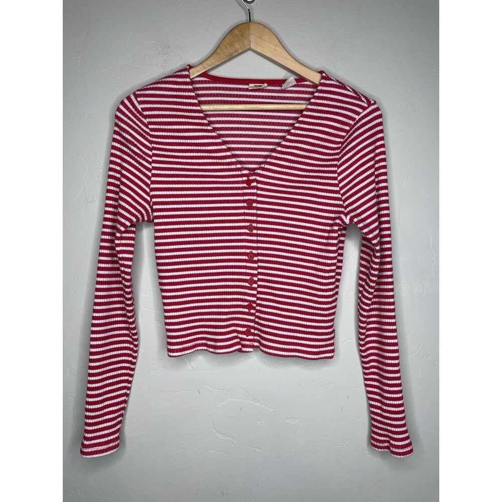 Levi’s Red White Striped Cardigan V Neck Top Coastal Soft Girl Ribbed Size Large